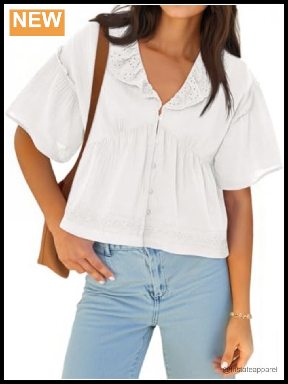Women's Cropped Babydoll Top Cotton Eyelet Blouse Short Sleeve V-Neck Button Up